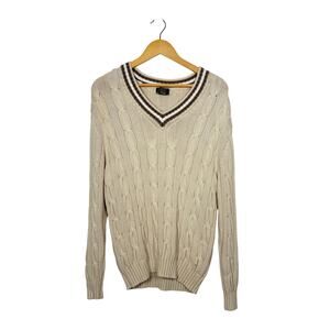 Jos. A. Bank Cable Knit Sweater Mens Size Large Tan V-Neck Pullover Preppy
